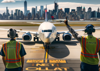 Photo of a Delta Airlines plane preparing for take-off at New York's airport with the city skyline in the background.