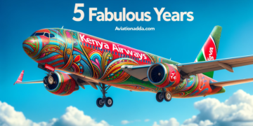 Photo of a Kenya Airways aircraft adorned with vibrant colors and designs, symbolizing a celebration of their 5th anniversary.