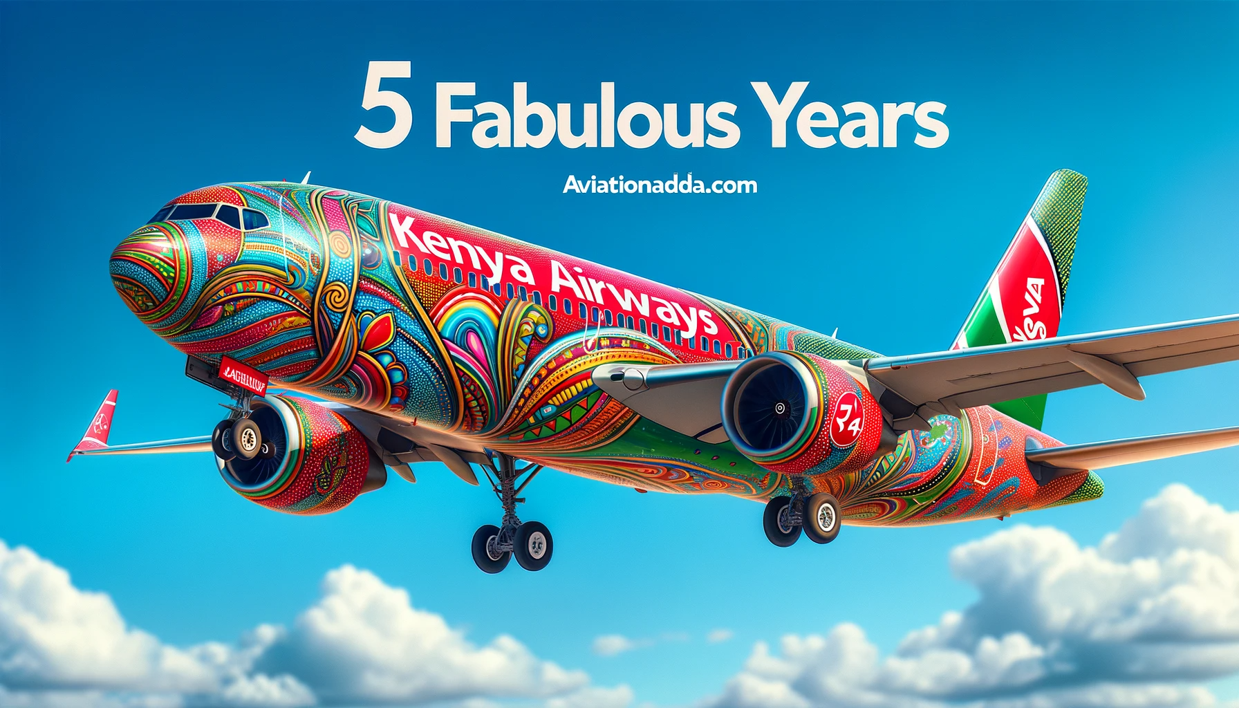 Photo of a Kenya Airways aircraft adorned with vibrant colors and designs, symbolizing a celebration of their 5th anniversary.