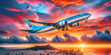Photo-of-a-Korean-Air-airplane-taking-off-against-a-backdrop-of-a-vibrant-sunset-sky-with-the-Tokyo-cityscape-visible-below