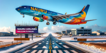 Illustration of a Nauru Airlines aircraft mid-flight with a map of the Pacific Ocean and a dotted line from Nauru to Palau