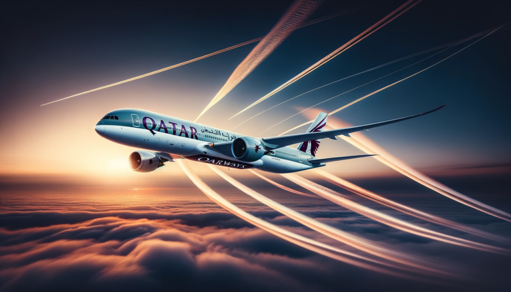 Photo of a Qatar Airways aircraft in mid-flight with a dynamic contrail, set against a dusk sky, highlighting the airline's global reach.