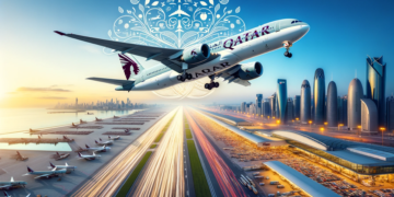 Photo of a Qatar Airways aircraft taking off against a backdrop of a clear blue sky, symbolizing growth and success.