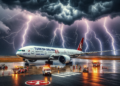 Photo of a Turkish Airlines aircraft on a runway in Nepal under a stormy sky. The aircraft is a Boeing 777 with the Turkish Airlines logo prominently