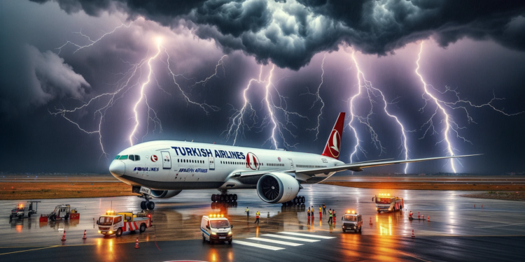 Photo of a Turkish Airlines aircraft on a runway in Nepal under a stormy sky. The aircraft is a Boeing 777 with the Turkish Airlines logo prominently