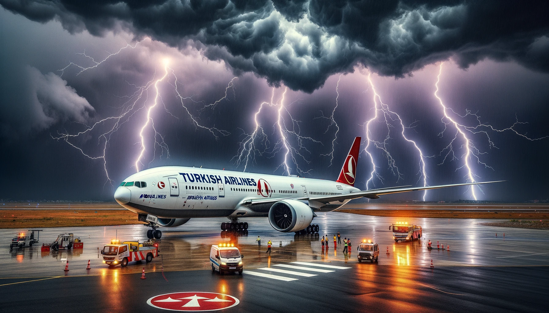 Photo of a Turkish Airlines aircraft on a runway in Nepal under a stormy sky. The aircraft is a Boeing 777 with the Turkish Airlines logo prominently