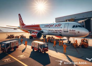 VIETJET AIR aircraft on the tarmac during daytime with the sun shining brightly. Ground crew can be seen working around the plane