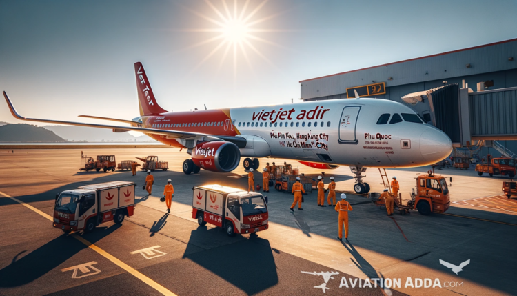 VIETJET AIR aircraft on the tarmac during daytime with the sun shining brightly. Ground crew can be seen working around the plane