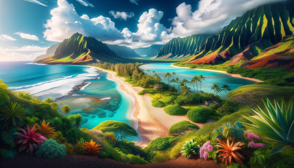 Photo of a breathtaking Hawaiian landscape, showcasing the diverse beauty of the islands. The foreground features a pristine white sand beach.