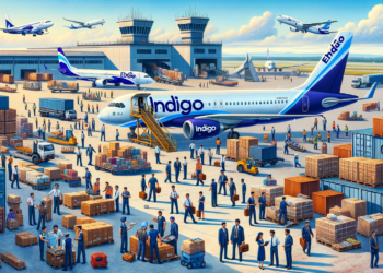 bustling cargo terminal with a diverse group of workers loading and unloading various cargo from an IndiGo aircraft