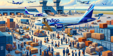 bustling cargo terminal with a diverse group of workers loading and unloading various cargo from an IndiGo aircraft