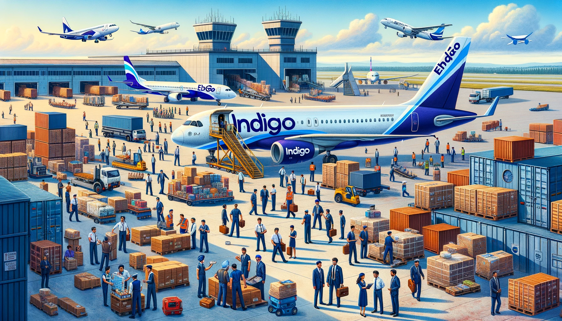 bustling cargo terminal with a diverse group of workers loading and unloading various cargo from an IndiGo aircraft