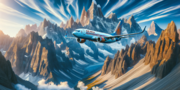 Photo of a commercial airplane, painted with the Air India livery, flying at a high altitude over a dramatic landscape of towering mountain peaks