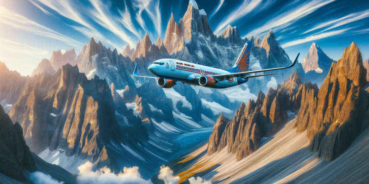 Photo of a commercial airplane, painted with the Air India livery, flying at a high altitude over a dramatic landscape of towering mountain peaks