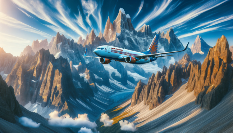 Photo of a commercial airplane, painted with the Air India livery, flying at a high altitude over a dramatic landscape of towering mountain peaks