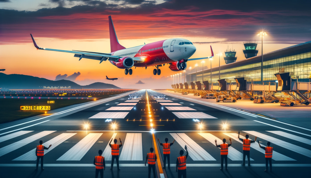 Photo of a generic commercial airplane painted in red and white, landing smoothly on a runway at dusk. The airport is modern and bustling.