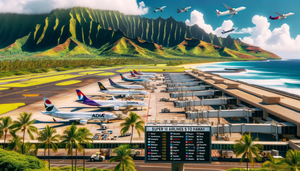 Photo of a tropical Hawaiian airport with multiple aircraft from different airlines parked at the gates. The airlines are among the top 10 that fly to Hawaii