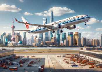 Photo-of-an-Air-China-aircraft-taking-off-with-the-Shanghai-skyline-in-the-background-under-a-clear-blue-sky