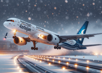 Azerbaijan-Airlines-Boeing-757-taking-off-in-a-snowy-winter-setting