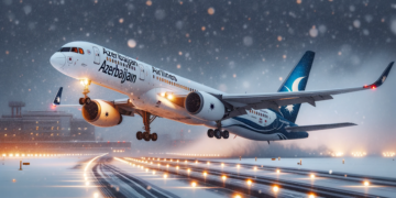 Azerbaijan-Airlines-Boeing-757-taking-off-in-a-snowy-winter-setting