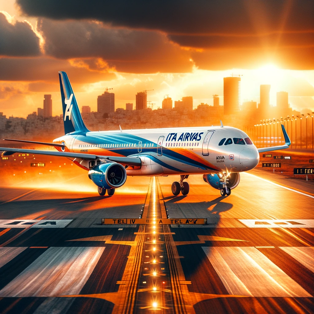 Photo of an ITA Airways Airbus A321neo LR airplane on a runway, bathed in golden sunset light.