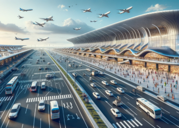 Photo of an architect's rendering of Noida International Airport, showcasing its futuristic design with sleek