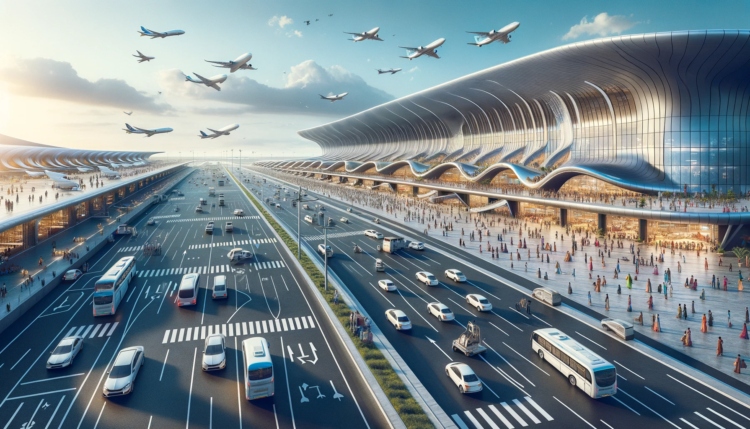 Photo of an architect's rendering of Noida International Airport, showcasing its futuristic design with sleek