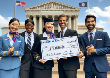 Photo of four diverse flight attendants (two women and two men) of American Airlines celebrating outside a courtroom.