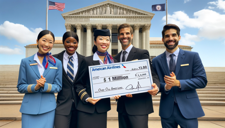 Photo of four diverse flight attendants (two women and two men) of American Airlines celebrating outside a courtroom.