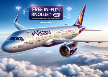 Vistara airline aircraft flying above the clouds, showcasing banners on its sides announcing 'Free In-Flight Wi-Fi