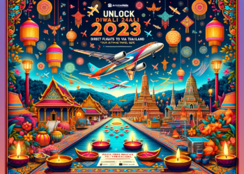 festive-poster-for-Diwali-2023-featuring-a-vibrant-illustration-of-a-plane-flying-over-a-scenic-depiction-of-Thailand