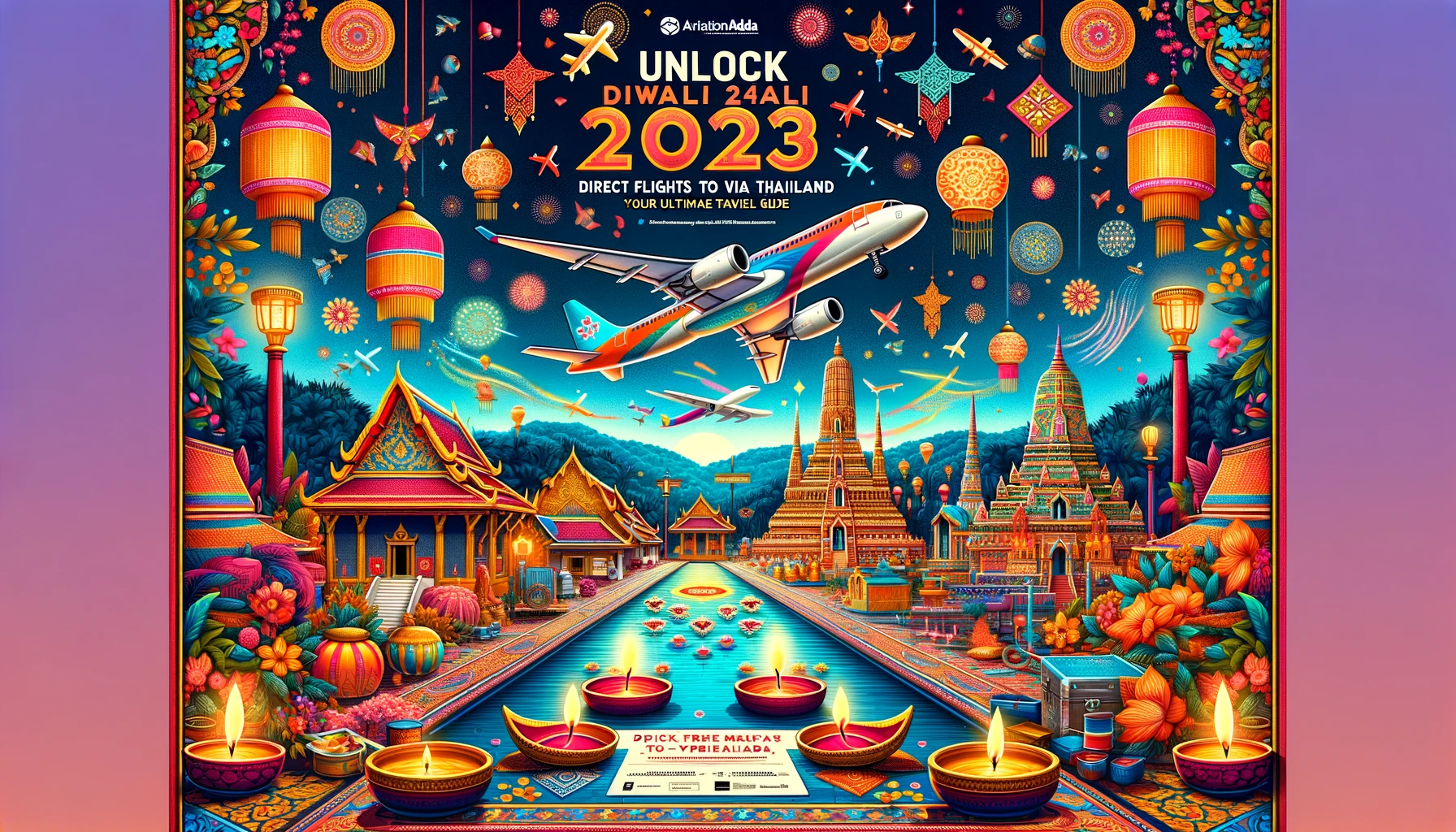 festive-poster-for-Diwali-2023-featuring-a-vibrant-illustration-of-a-plane-flying-over-a-scenic-depiction-of-Thailand